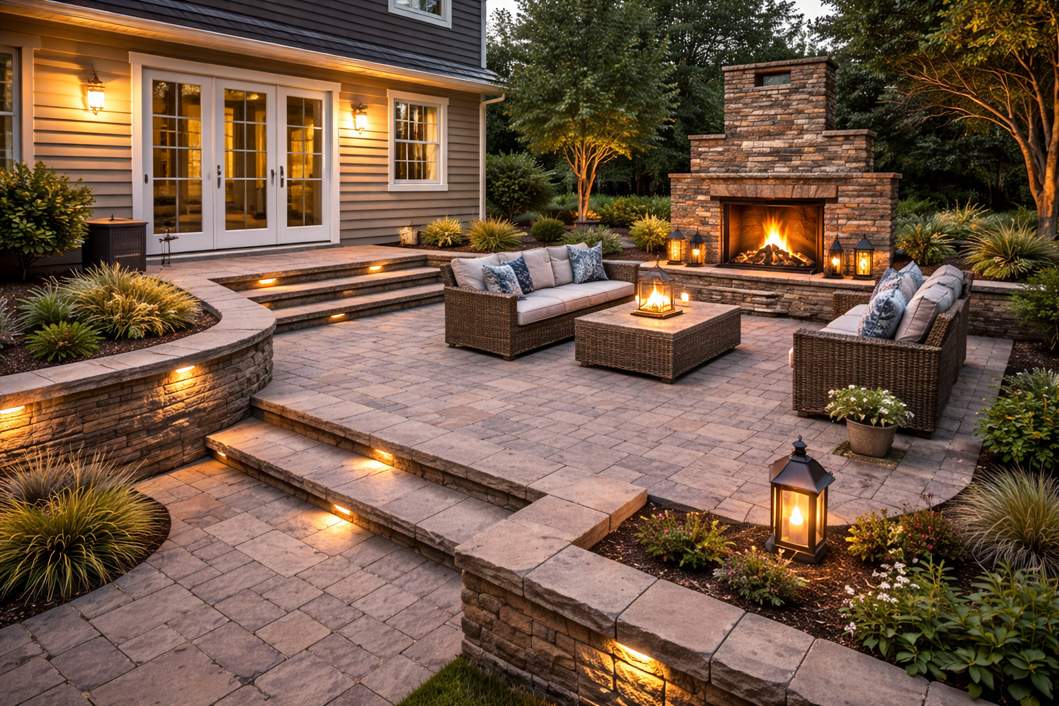 Multi-level patio with fireplace