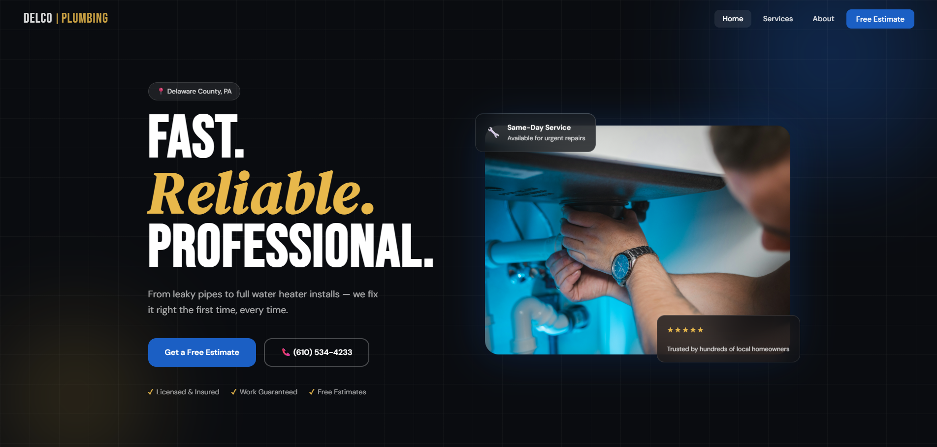 Delco Plumbing — contractor website screenshot