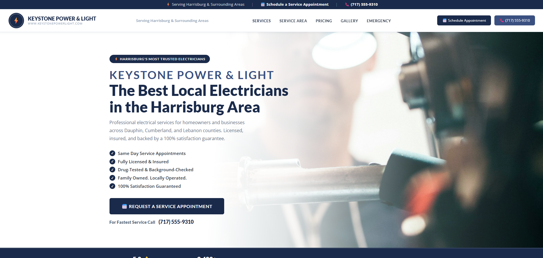 Keystone Power & Light — electrician website screenshot